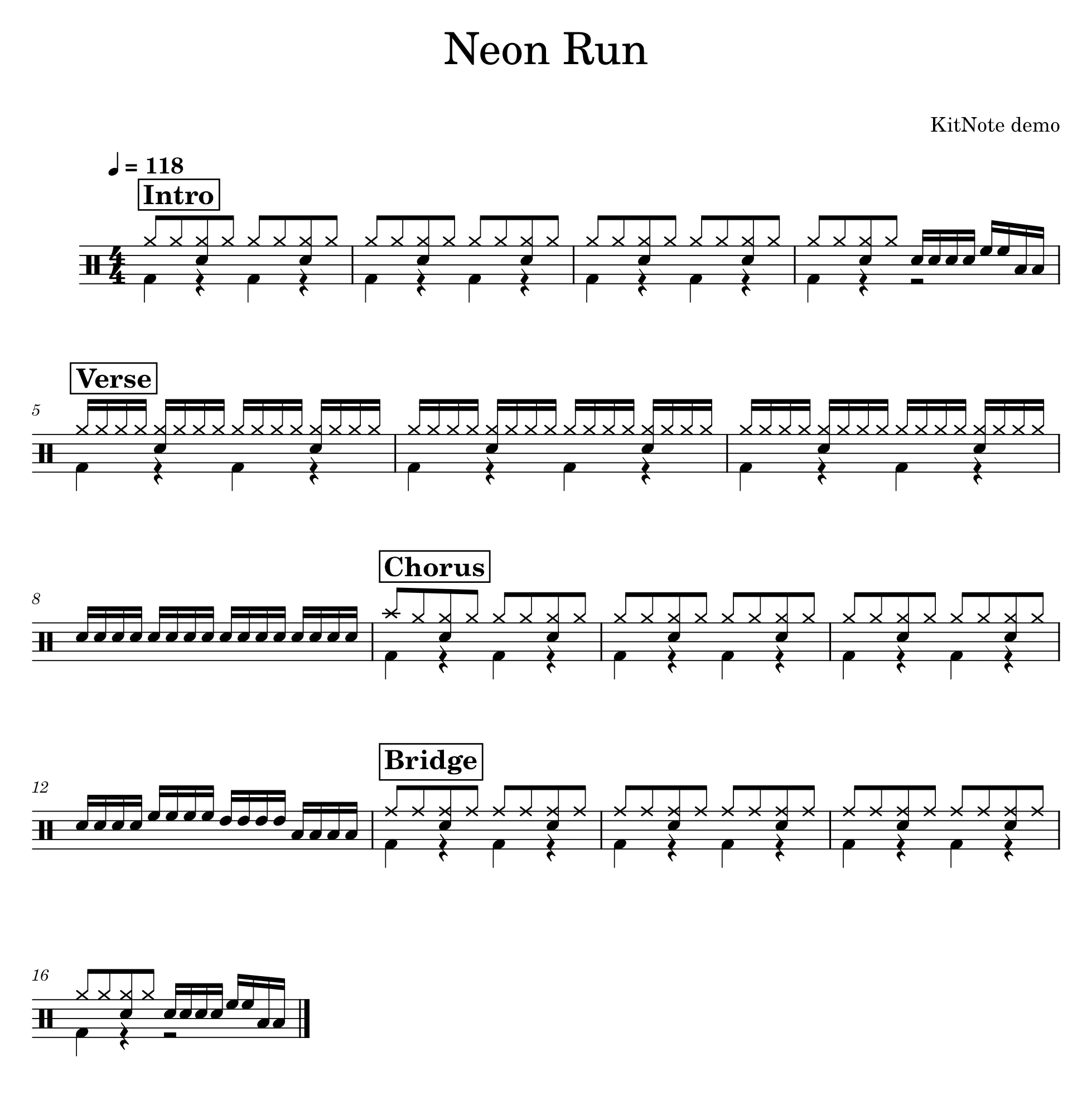 A drum score engraved by KitNote: Neon Run, with Intro, Verse, Chorus and Bridge sections